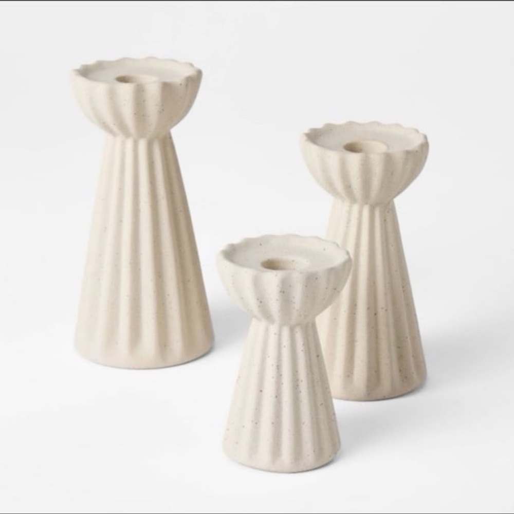 Set of 3 Ceramic Ribbed Taper candle holders Beige- Threshold studio McGee